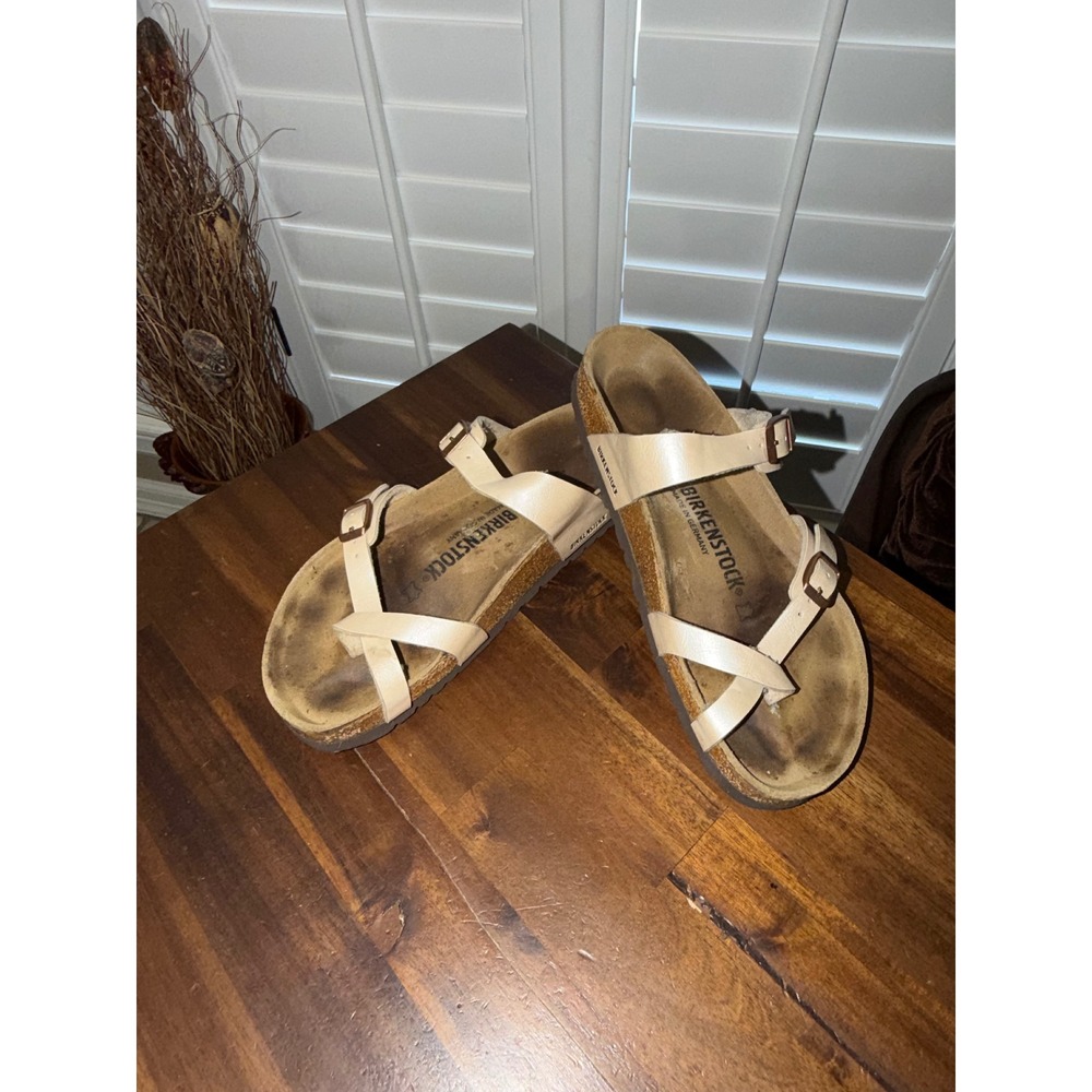 Birkenstock Mayari Pearl Cream Birko-Flor Sandals Rose Gold Buckles Size 39